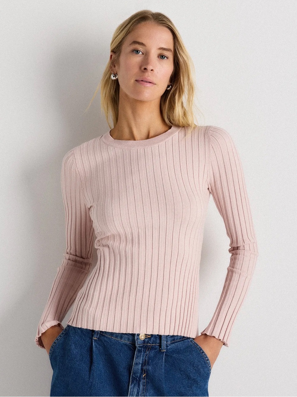 Quince Cotton Cashmere Ribbed Long Sleeve Sweater Sugar Stone Small